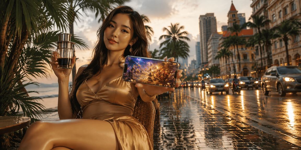 Người dùng tại TP.HCM kiểm tra lịch sử giao dịch nạp rút trên điện thoại trong quán cà phê